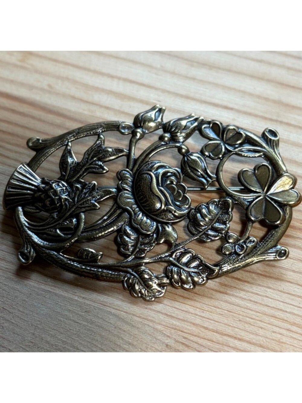 Vintage Art Nouveau Floral Oval Brooch Pin Rose Clover Flowers Feminine 2 inch